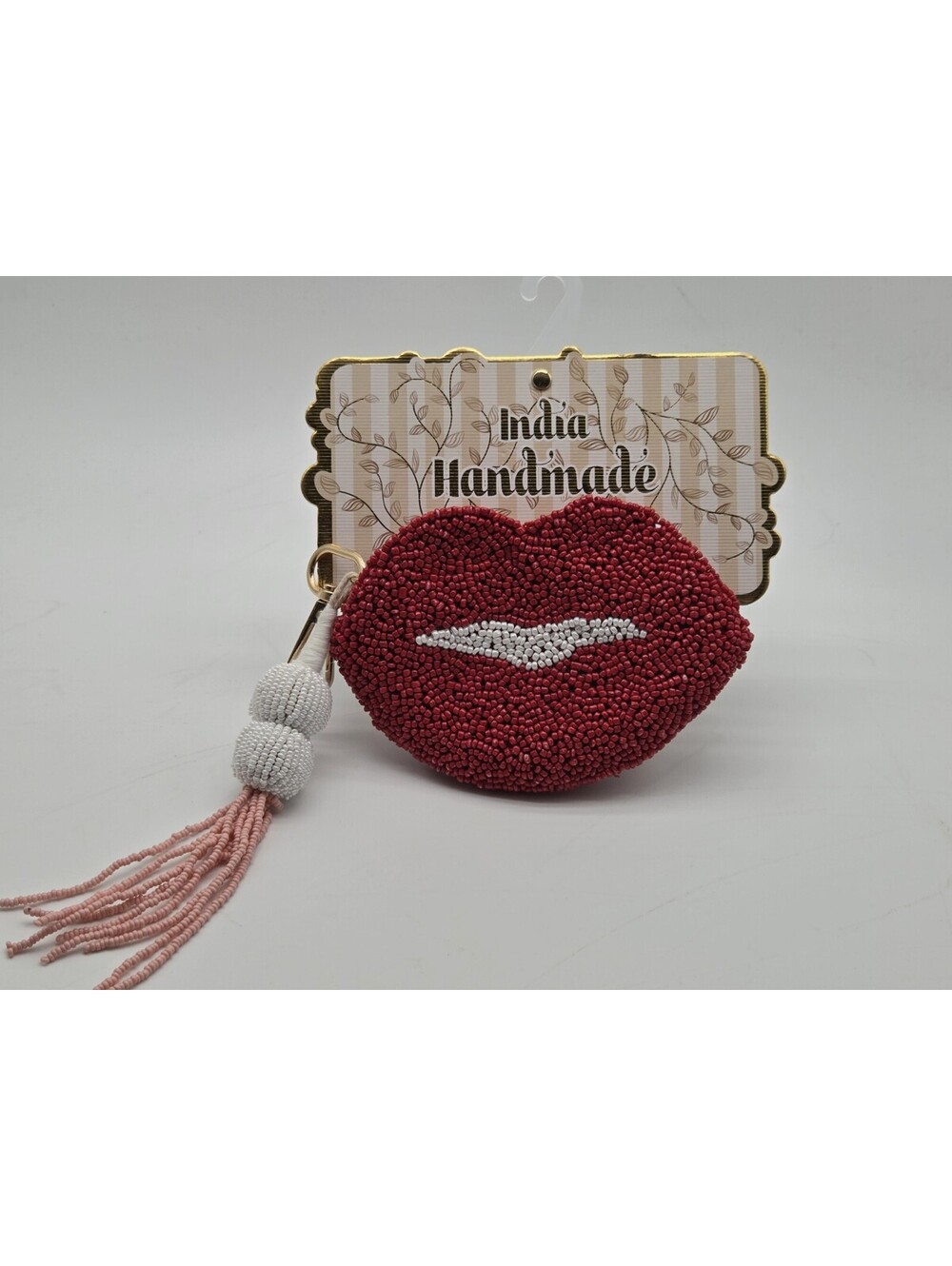 India Handmade Beaded Red Lips Coin Purse Keychain Tassel Zip Pouch NWT